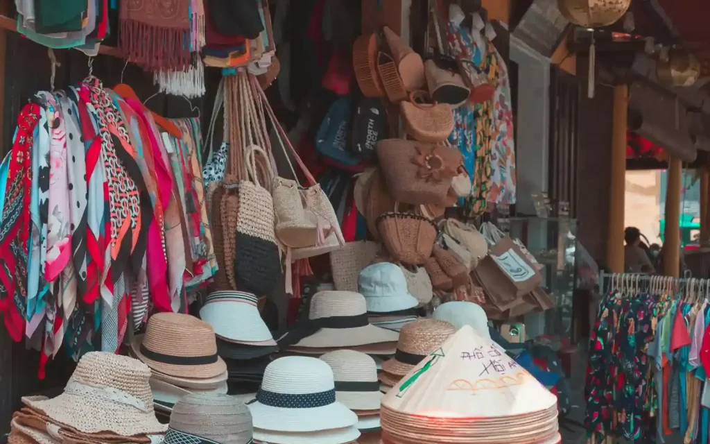 Market stall of hats, bags and scarves in Ubud